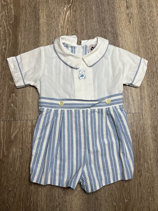 Other - Vintage Good Lad Teddy Bear Patch Blue Striped Romper 18M Made In the USA